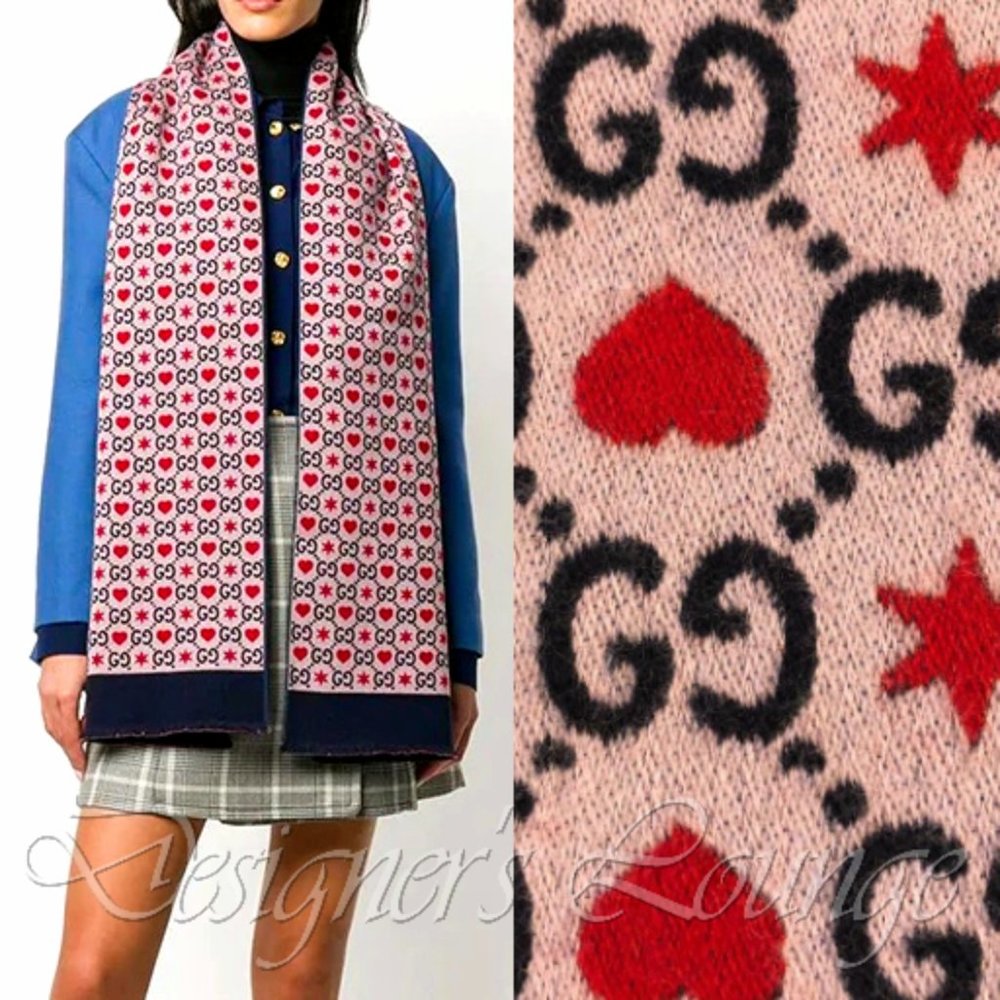 NEW GUCCI GG HEARTS & STARS Violet Navy Red Wool Long Scarf $490 Authentic
